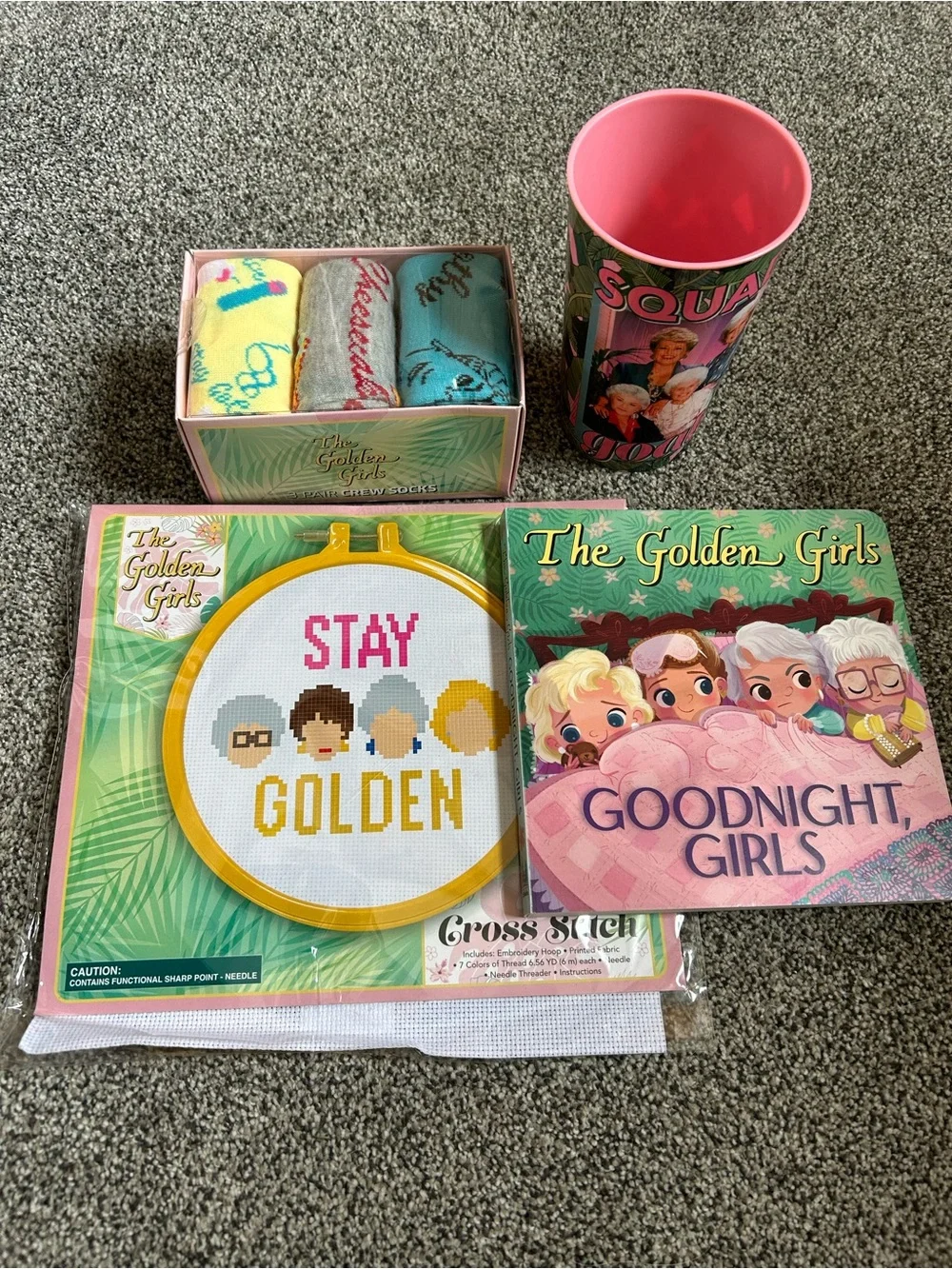Golden girls Multi-Item Gift Set - Stay Golden Cross Stitch, Socks, Cup and book